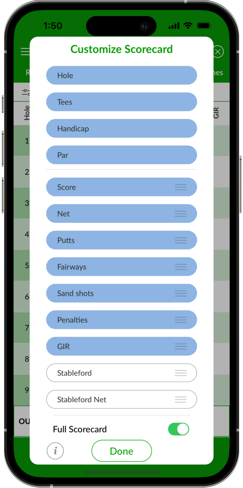 App screenshot showing the perfect Golf scorecard app with customizing option in Beezer golf app
