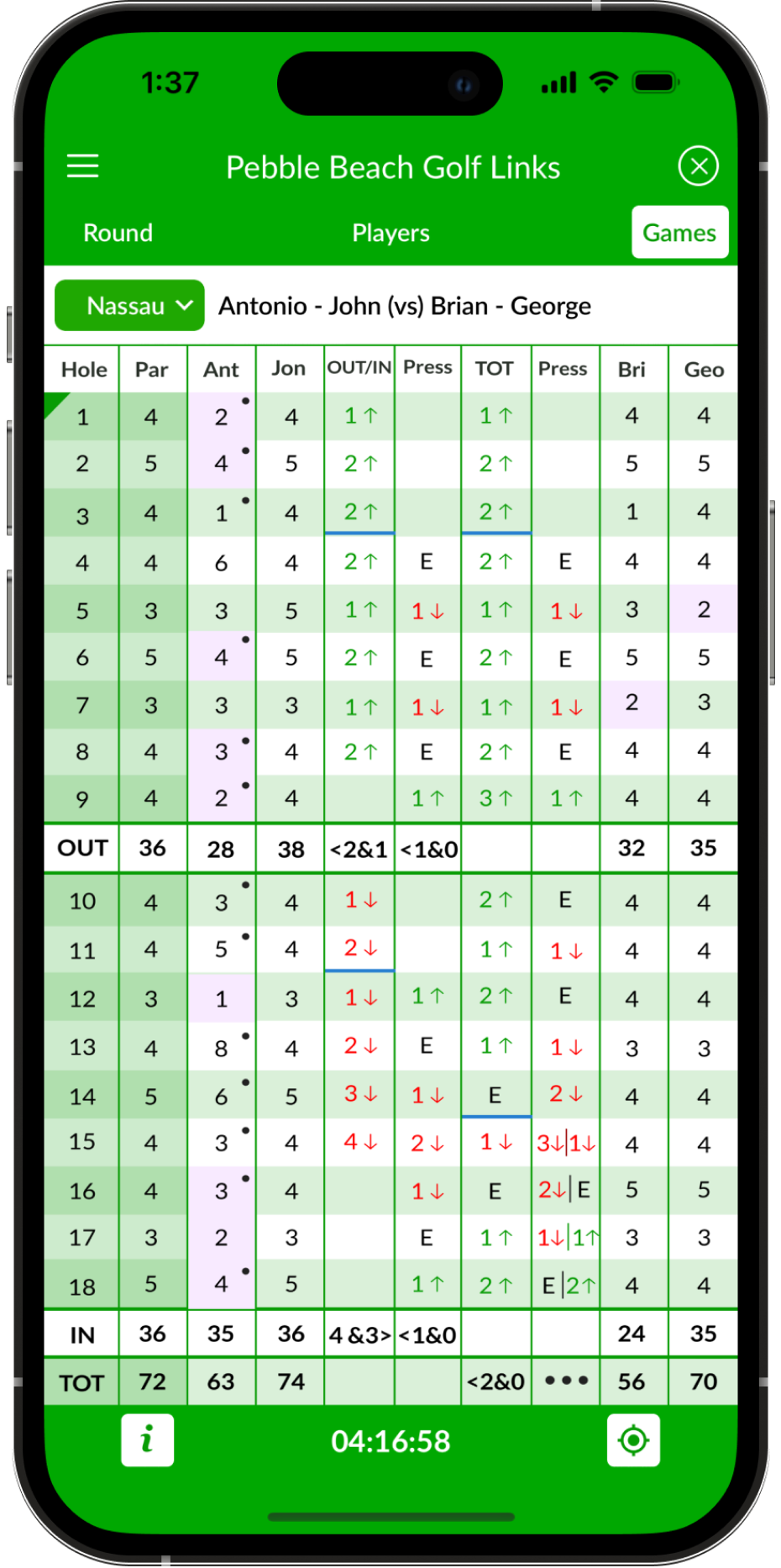 Game scorecard app screenshot in BEEZER GOLF app - Contactless game in the app