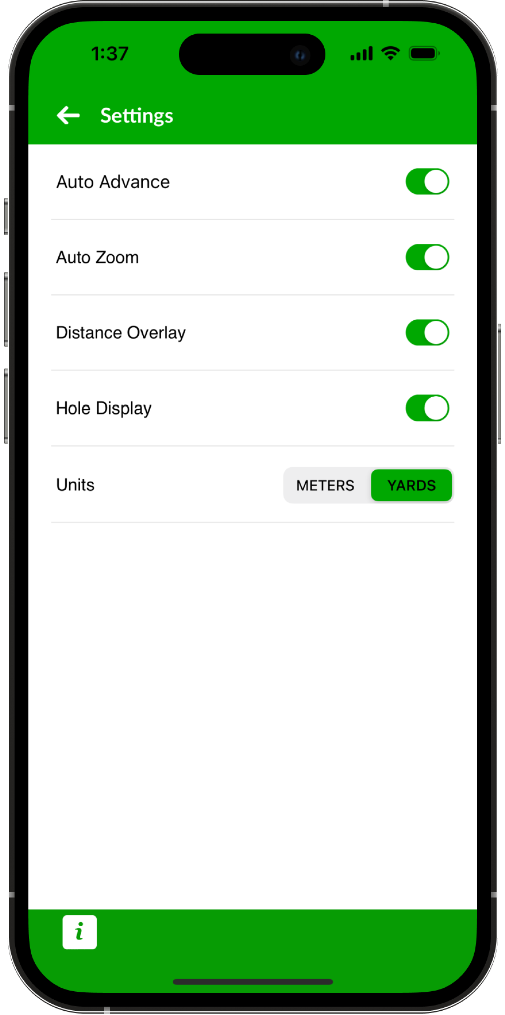 GPS Rangefinder app screenshot showing the configuration screens