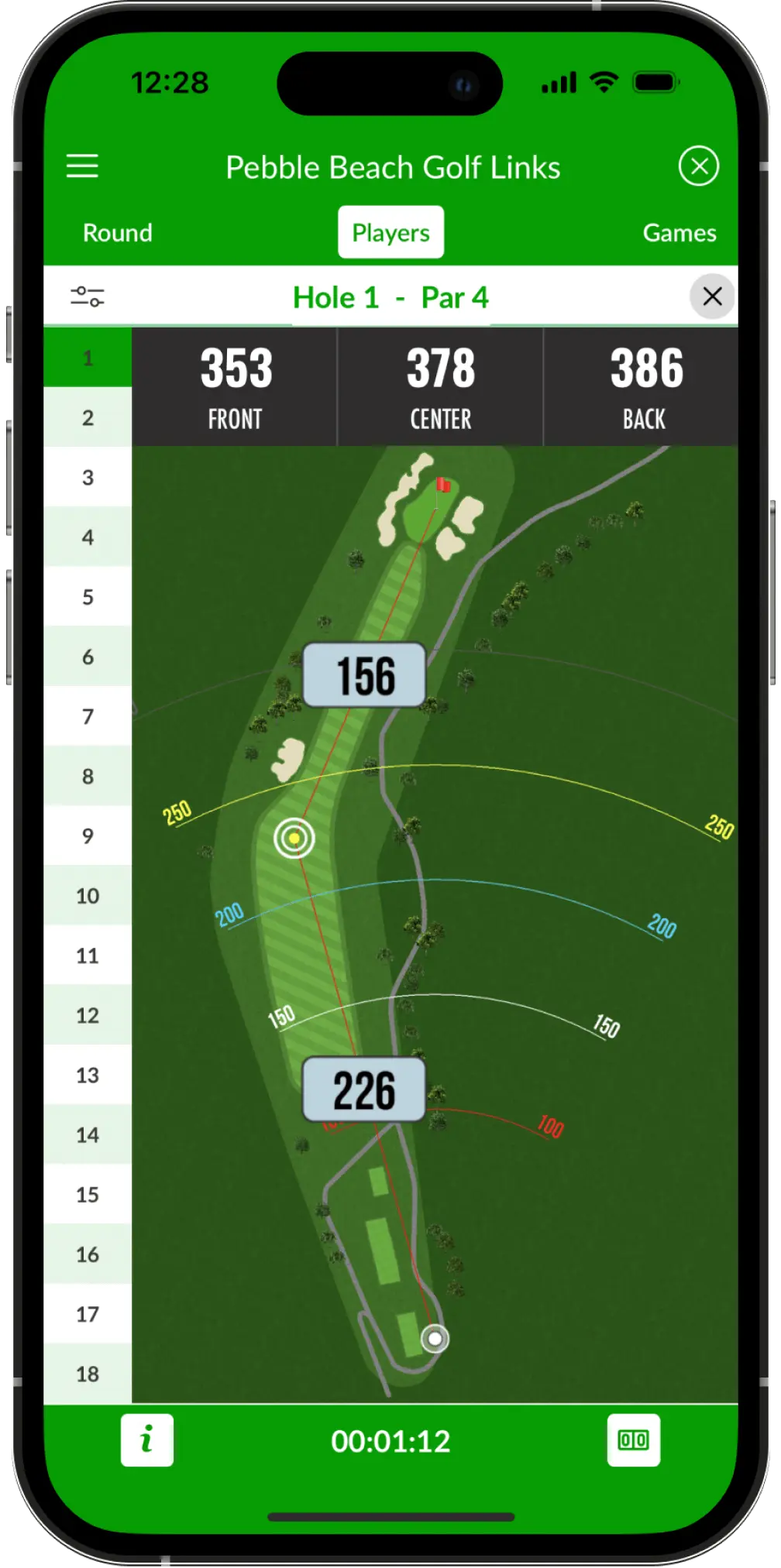 GPS screenshot in beezer golf app - gps calculates the distance between fairway, greens, Rough and hazards